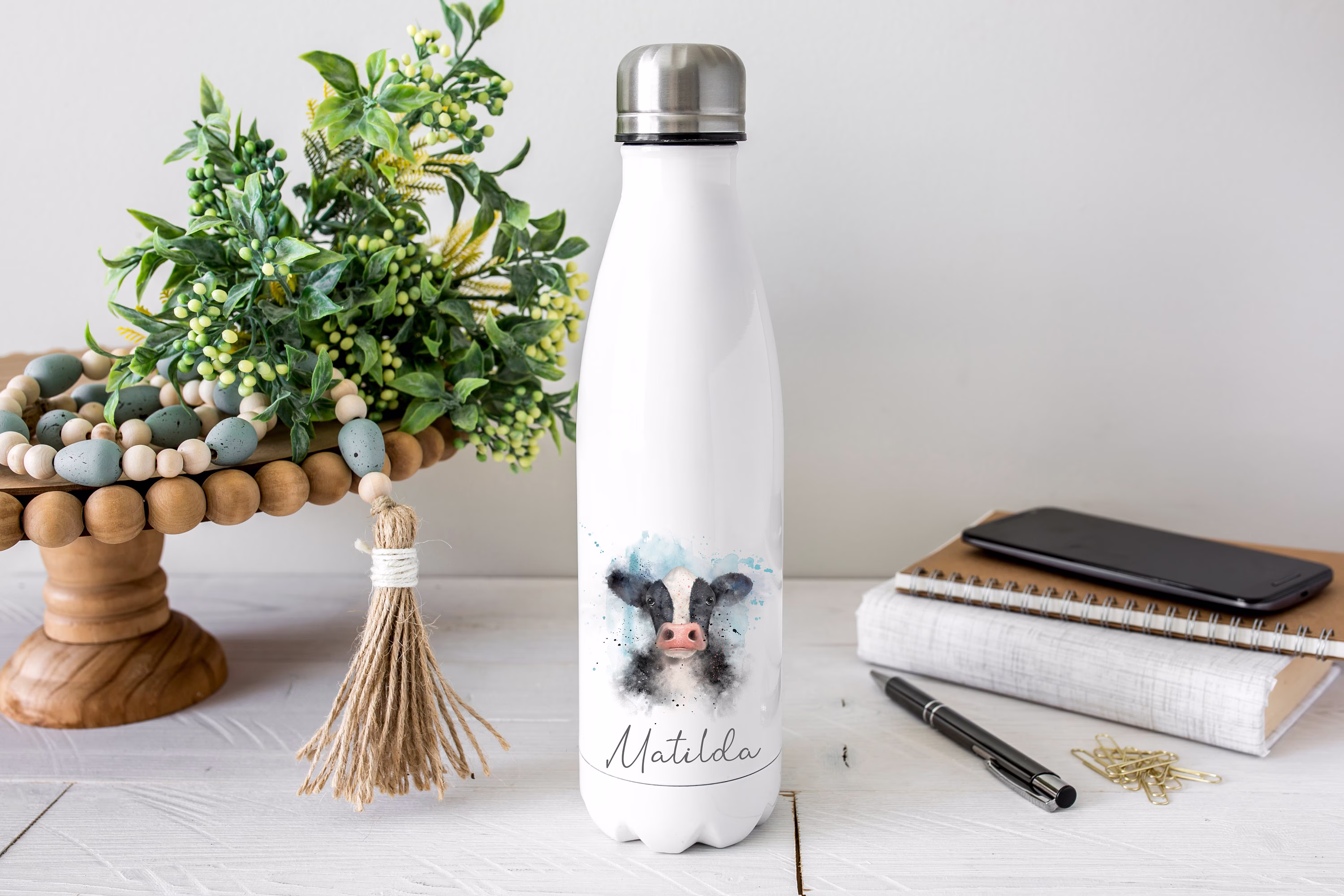 Personalised Cow Water Bottle, Gift, Name, Drinks Flask Bowling Pin, Flask, Christmas