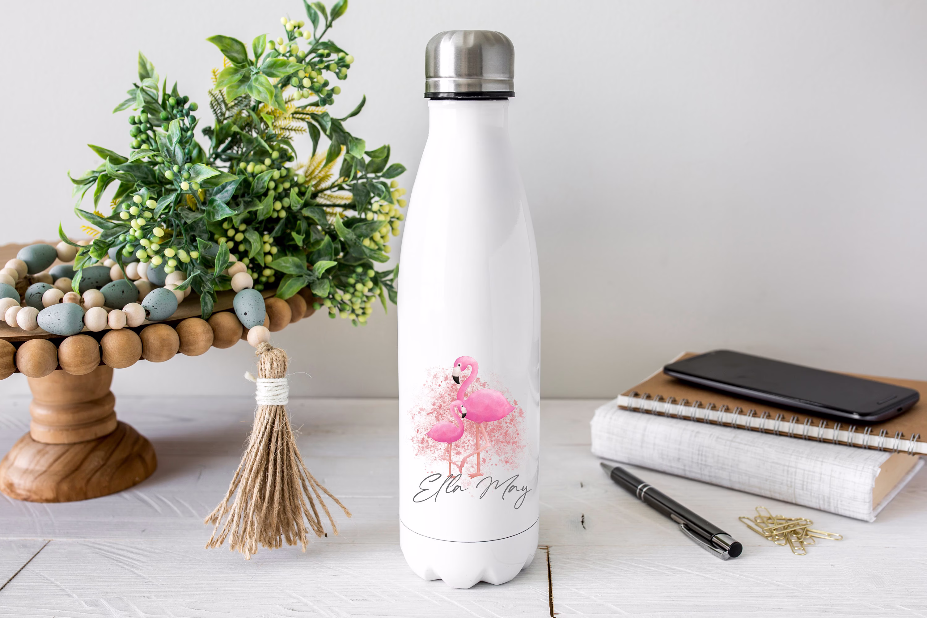 Personalised Flamingo Water Bottle, Gift, Stocking Filler, Name, Drinks Flask Bowling Pin, Flask, Christmas