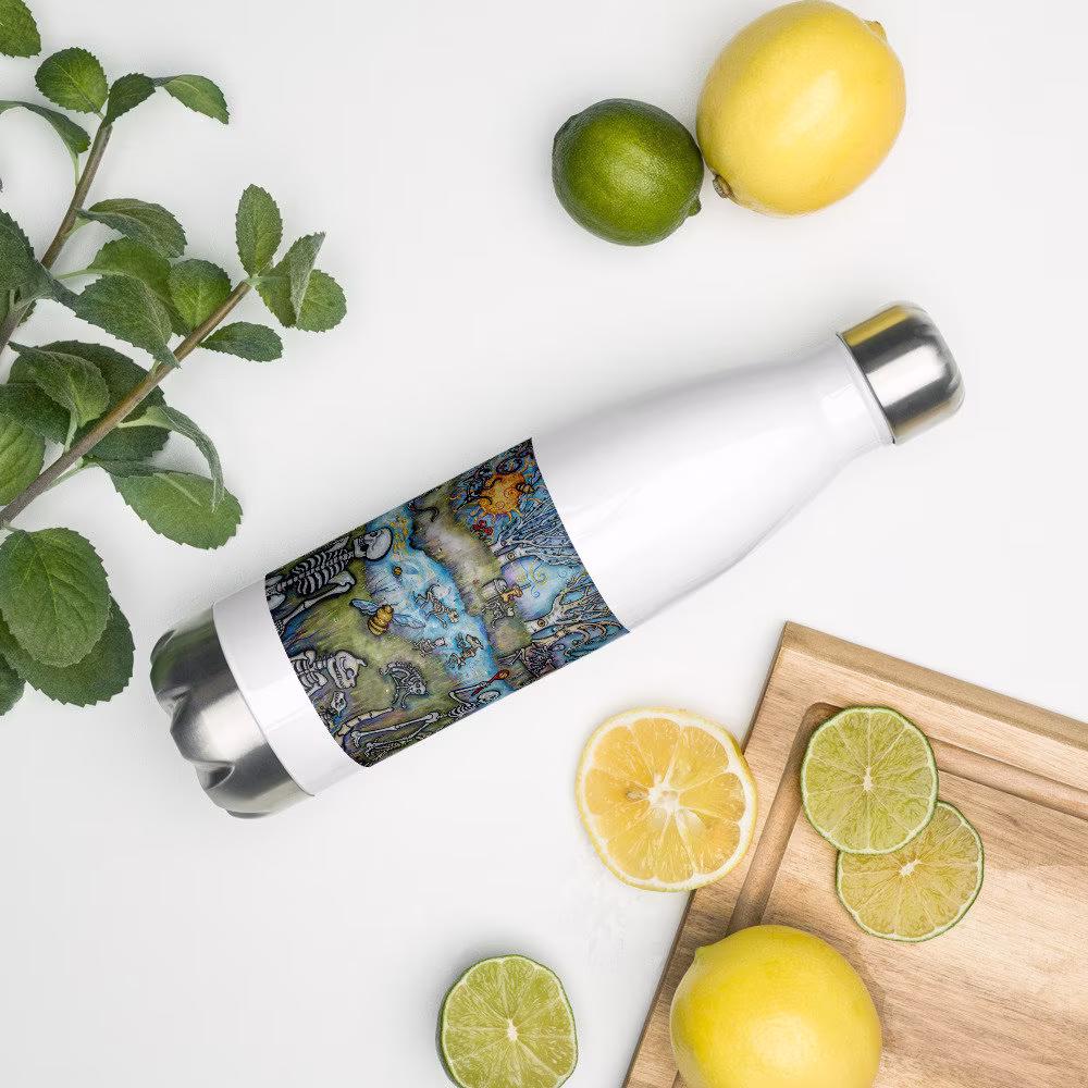 Dog Park Bones Dia De Los Muertos Stainless Steel Skeletons Water Bottle By Lisa Luree