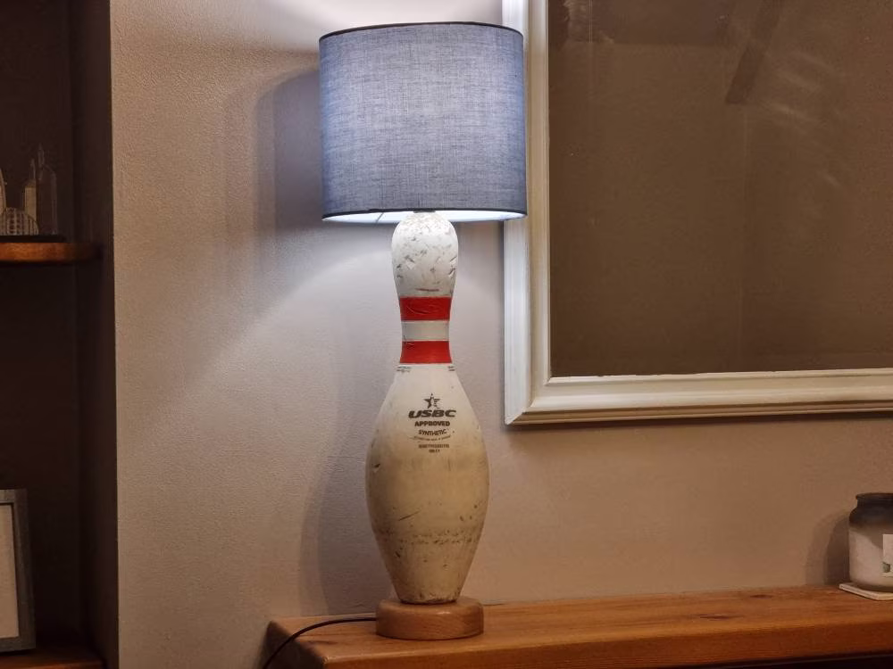 Bowling Pin Lamp With Round Base & Selection Of Shades, Upcycled
