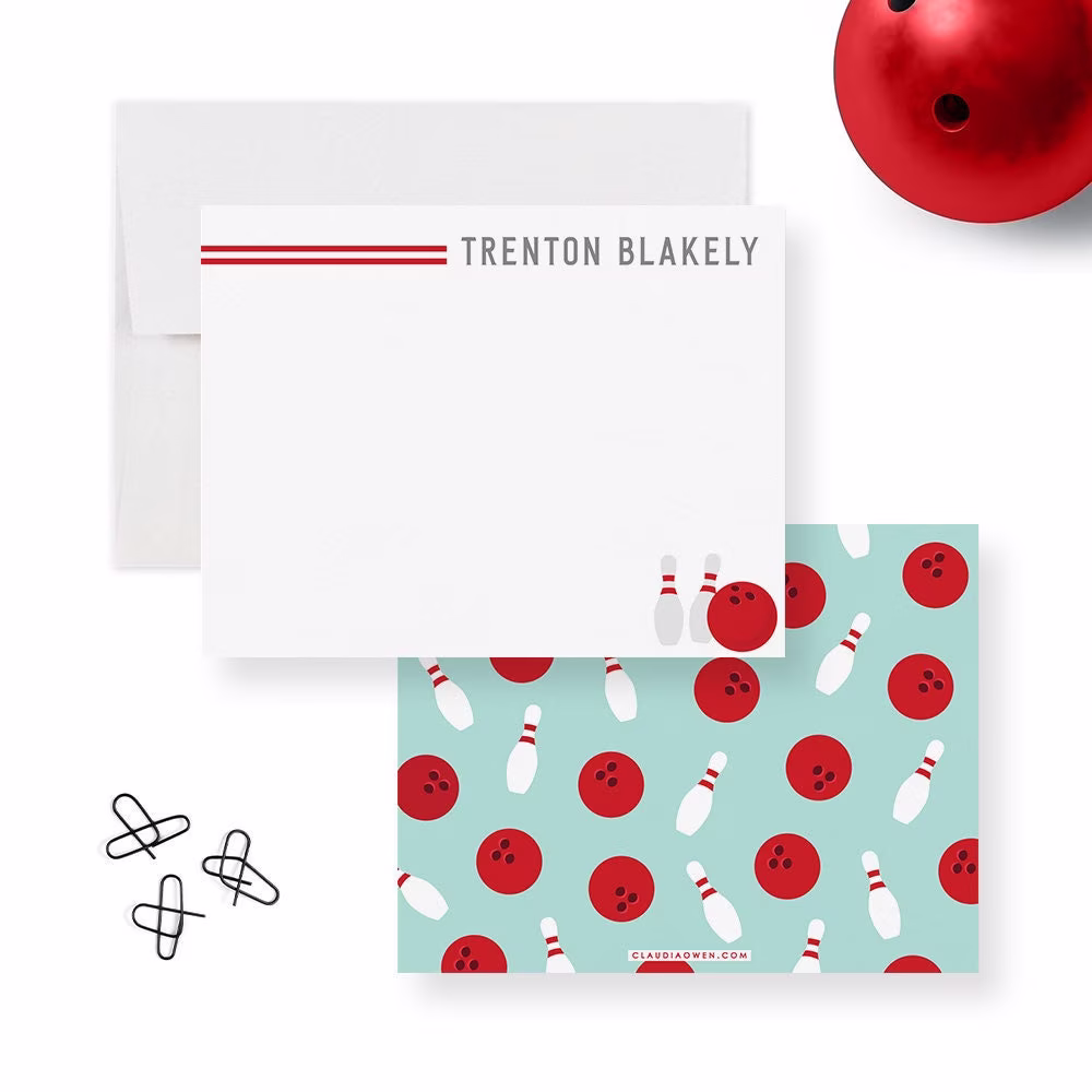 Personalized Bowling Note Card, Kids Stationary Set, Party Favors, Thank You Sport Stationery Set For Boys