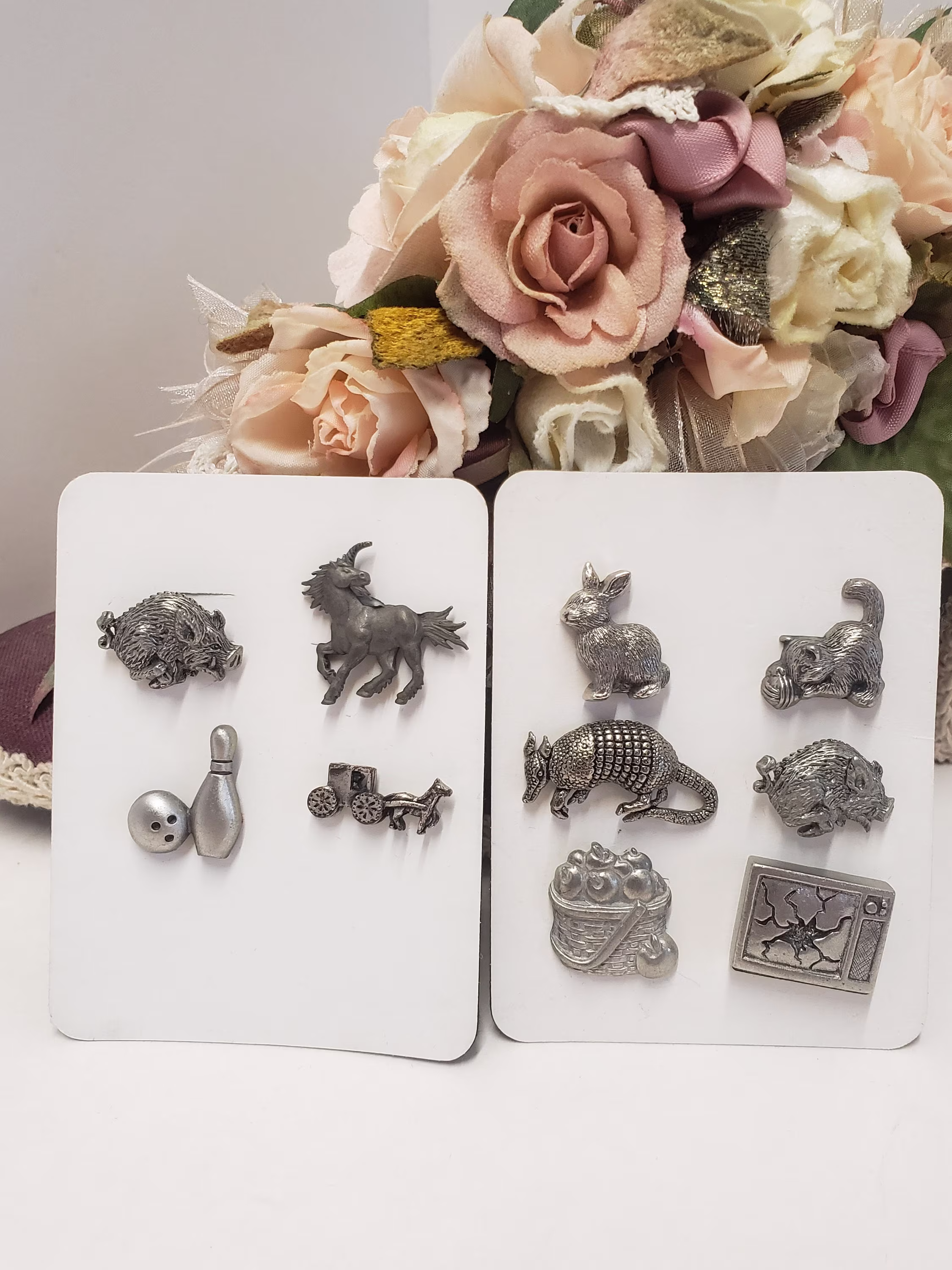 10 Unique Vintage To Now Pewter Animal, Tv & Bowling Pins, Mini Animal Pins Some Signed