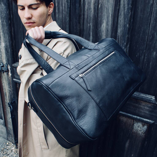 Black Leather Weekend Bag With Gunmetal Zip