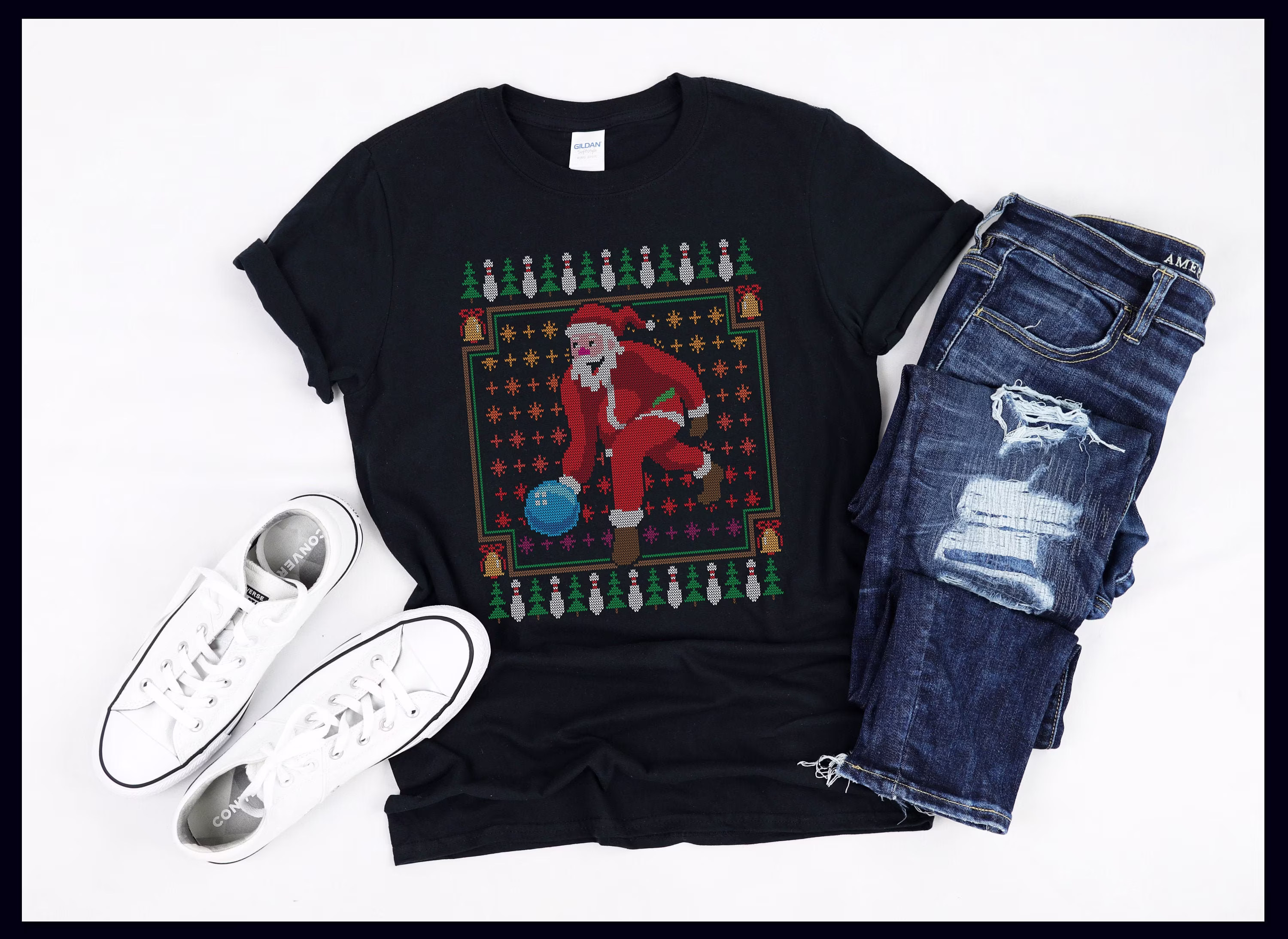 Bowling Santa Claus Ball & Pins | Ugly Christmas Sweater Gift For Bowler T-Shirt Tank Top Sweatshirt Hoodie