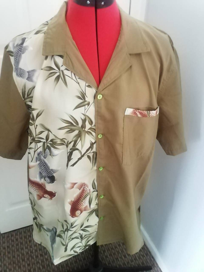 Koi Carp Pattern 50S Style Bowling Shirt With Plain Khaki Back Sleeves & One Side