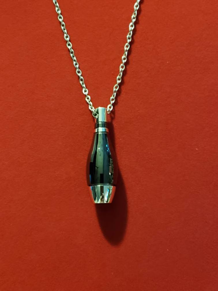 Silver & Black Bowling Pin Urn Necklace - Cremation Jewelry Ashes