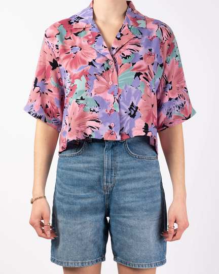 80S Floral Oversized Shirt | Handmade Style, Print Vintage Shirt, Fabric, Boxy Cropped Pink Purple Green
