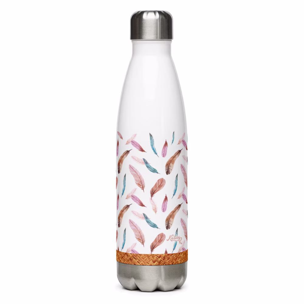 Natural Birds Feathers & Bamboo Stainless Steel Water Bottle 17Oz