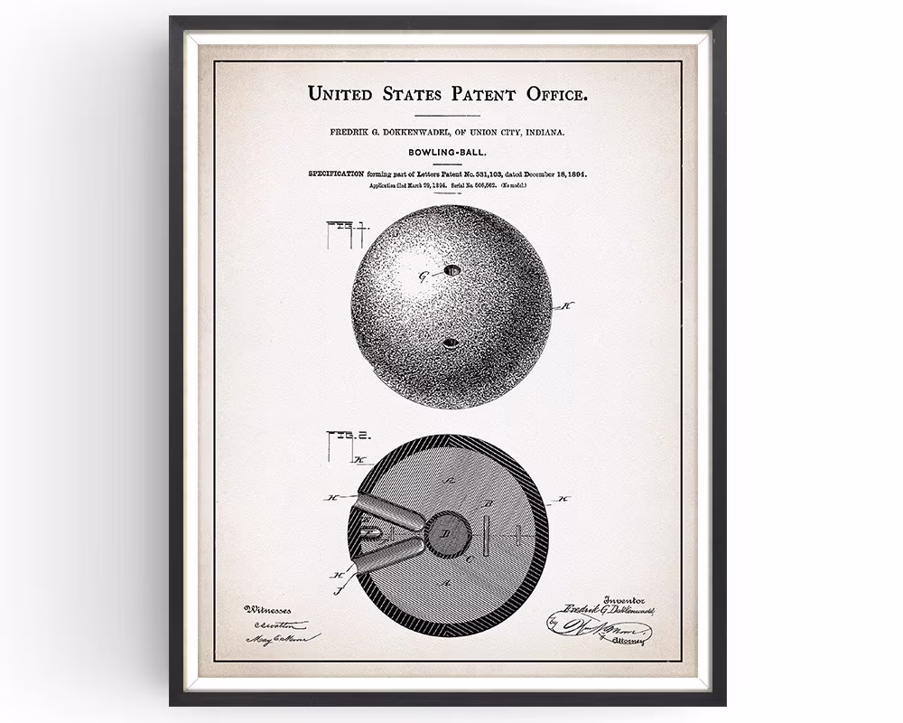 Bowling Ball - 1894 Patent Print Bowling Gift Alley Art Winner Unframed