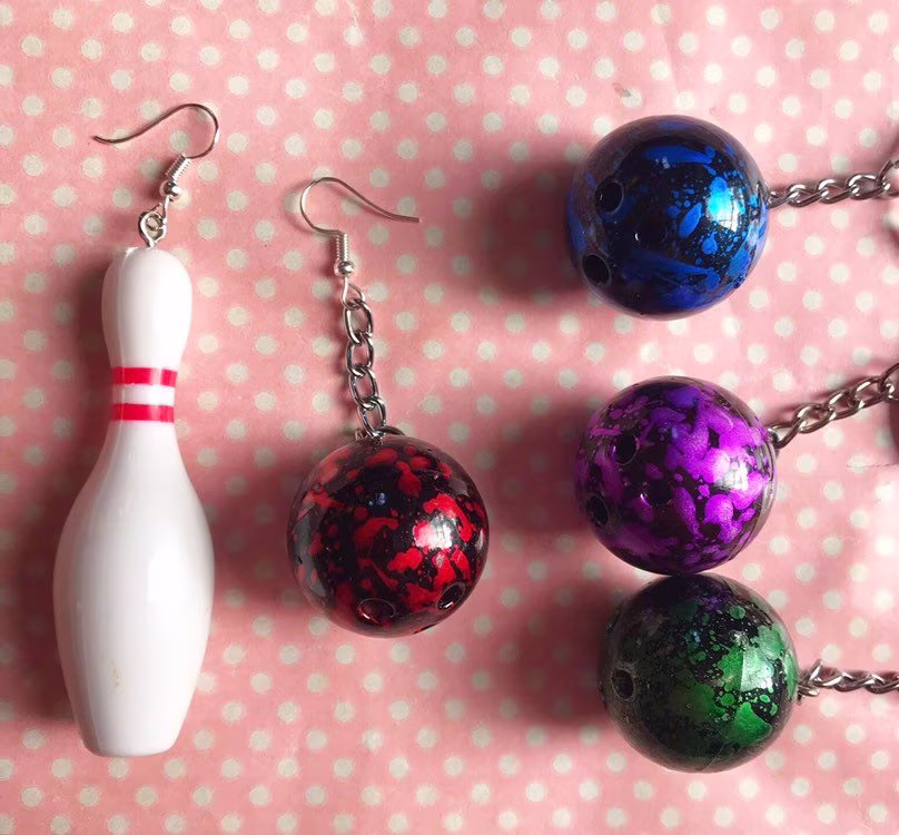 Funky Bowling Pin & Ball Earrings in Red Purple Green Or Blue