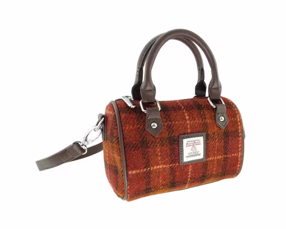 Harris Tweed Kilbride Mini Bowling Bag in Brown With Orange Overcheck , Made Scotland, Vintage, Tartan, Harris Tweed | Col 119