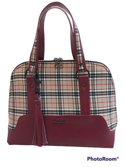 Tartan Bag, Tartan & Burgundy Faux Top Handle Crossbody Bag With Detachable Strap, Womens Handbag, For Teenager, Gift Her, Girls