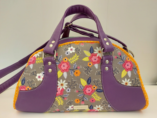 Purple Faux Leather & Floral Waterproof Bowling Handbag With Detachable Straps For Crossbody Or Shoulder Strap Wear, Flower Handbag, Purple