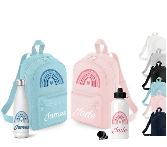 Personalised Children's Backpack, Rainbow Preschool Bag & Water Bottle Set, Kids Nursery Rucksack School Bag, Pre Backpack