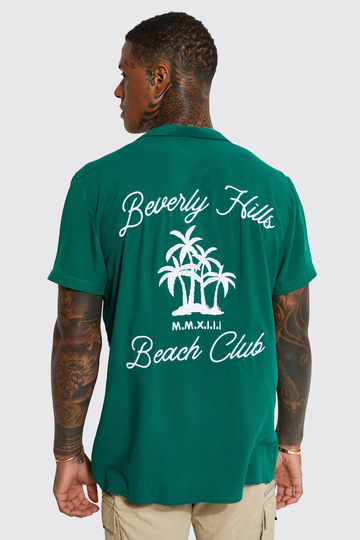 Mens Green Short Sleeve Revere Viscose Bowling Shirt, Green