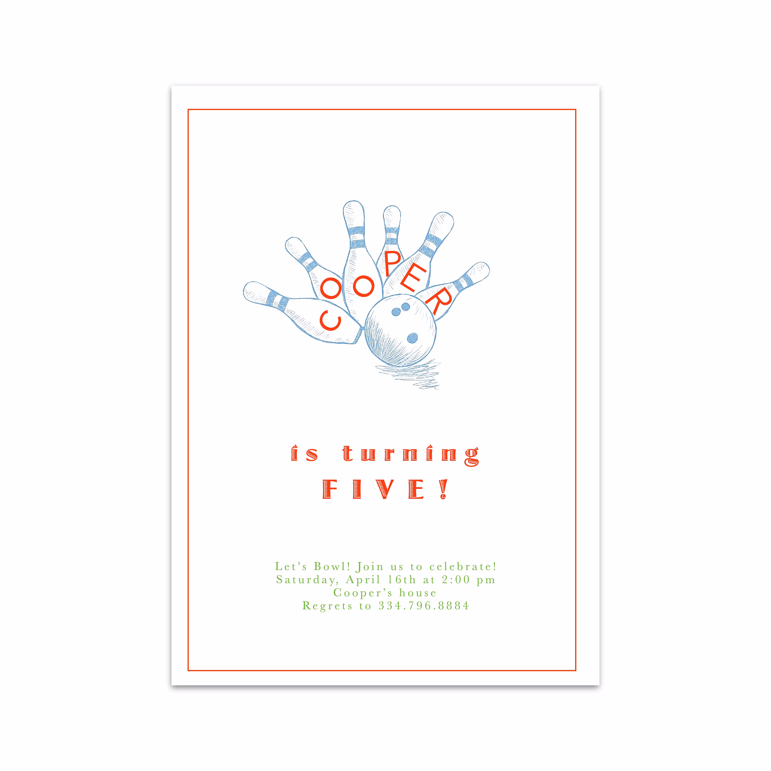 Bowling Pin Blue Green Red Kids Birthday Party Invitations