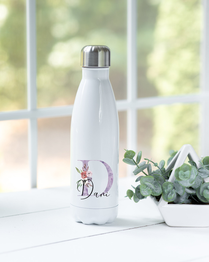 Personalised Drinks Bottle - Insulated/Floral Letter/Name Drinks For Gym, Sports, Office Or School Reusable Stainless Steel