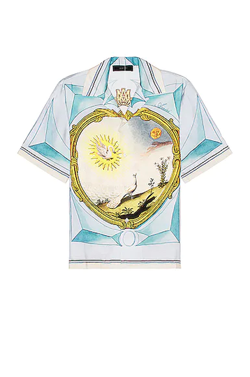 Amiri Landscape Frame Bowling Shirt in Multi - Baby Blue. Size L (also in S, M, XL/1X).