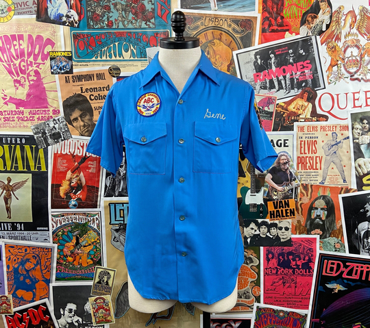 Vintage Men's 1950S-60S Blue Usaf 498Th Fighter-Interceptor Squadron Chainstitch Loop Collar Gabardine Bowling Shirt | 60S