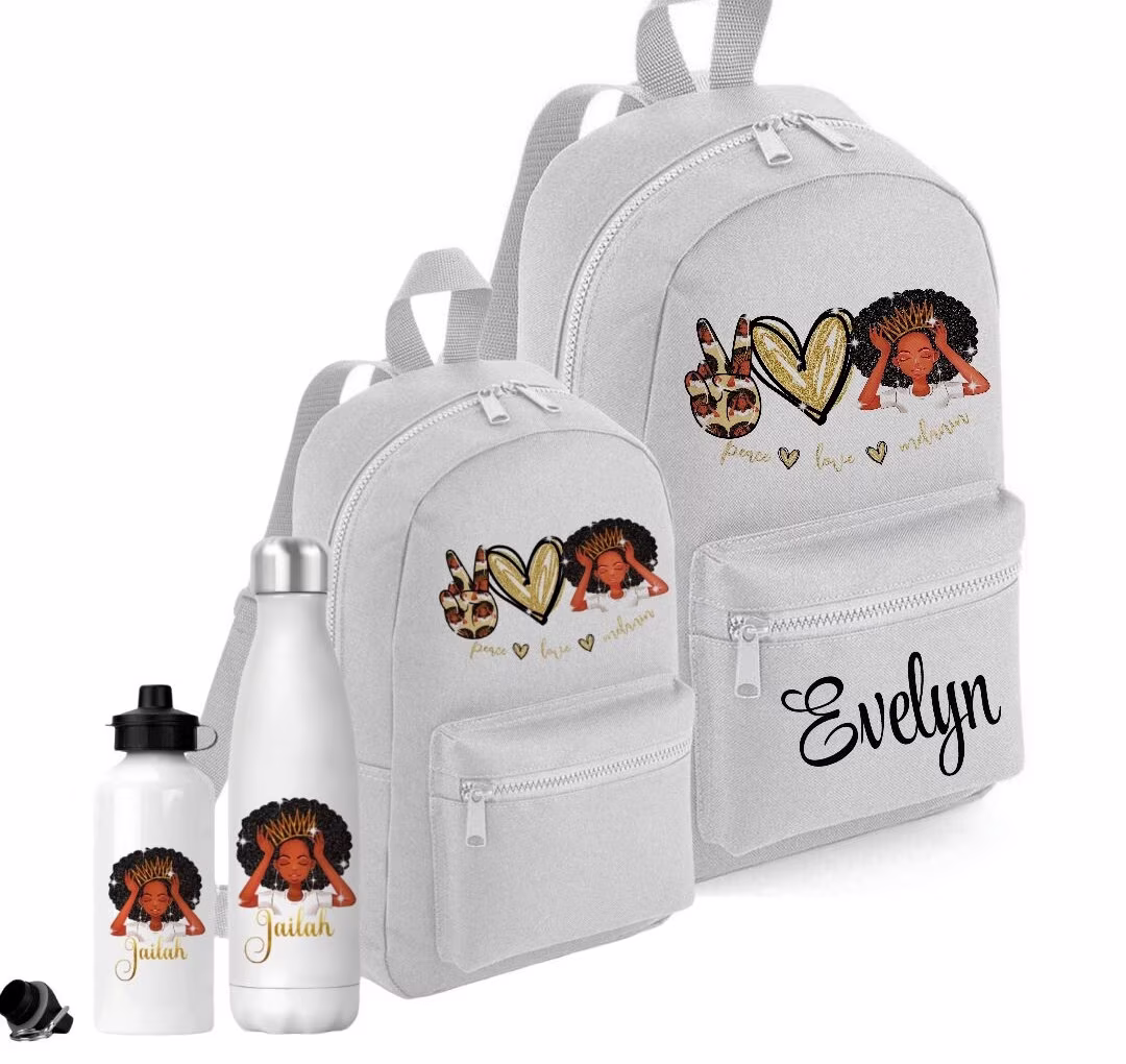 Personalised Backpack, School Backpack & Water Bottle Set, Black Girl Rucksack Bag, Peace Love Melanin