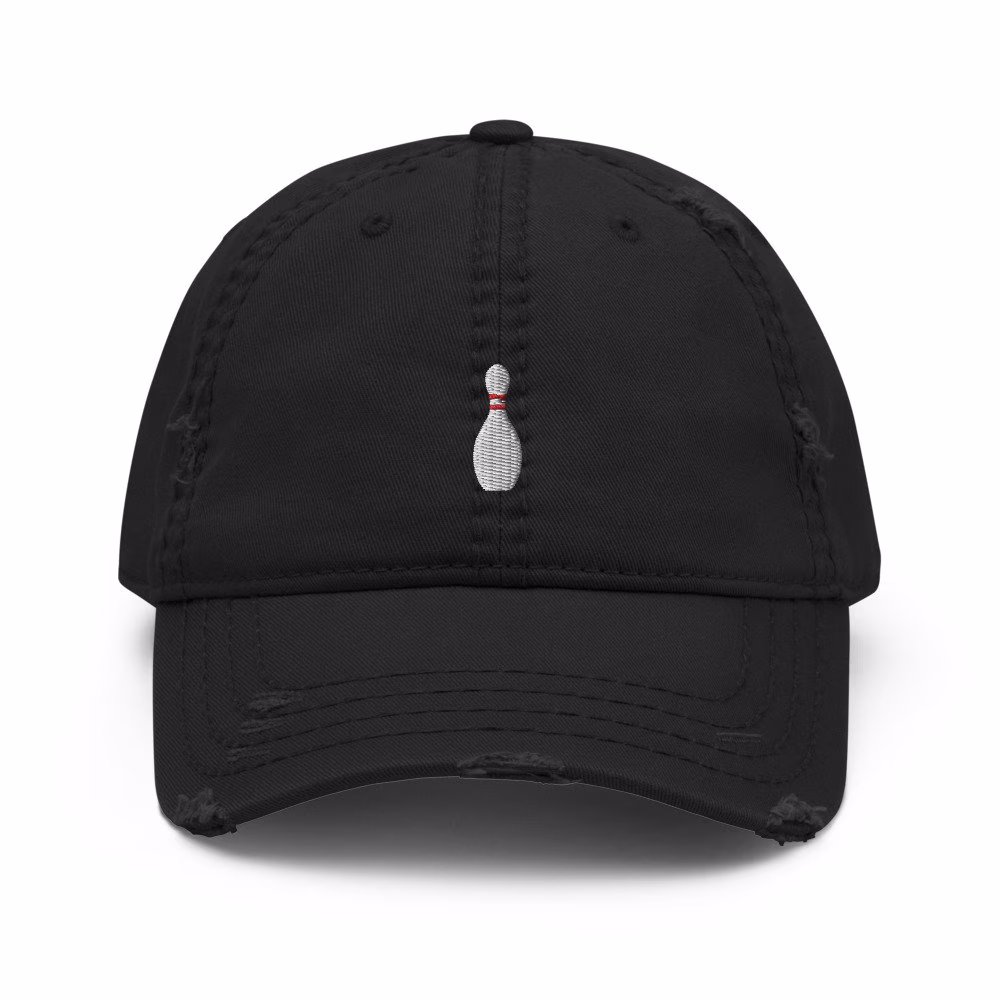 Bowling Pin Embroidered Distressed Dad Hat, Frayed Cap Gift