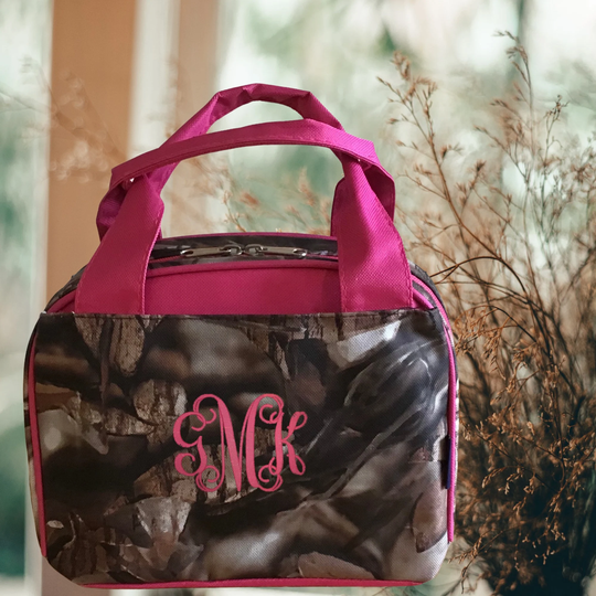 Personalized Camouflage Lunch Tote With Pink Trim
