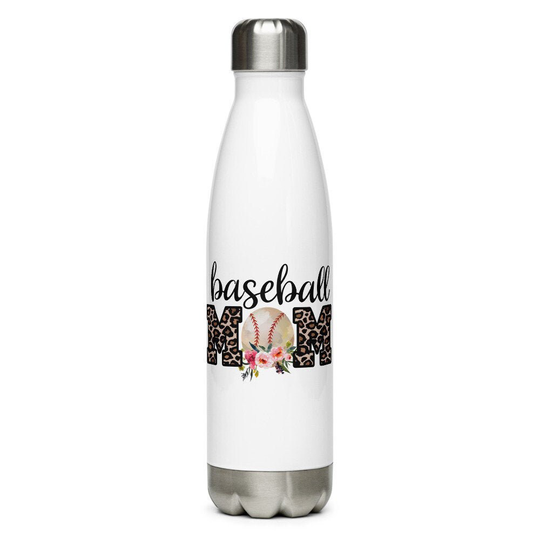 Baseball Mom, Baseball, Floral, Water Bottle, Gift For Mom, Personalized, Custom Order, Leopard, Cheetah Print, Baseball Mom, Bottle
