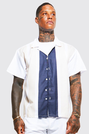 Mens White Short Sleeve Boxy Slub Stripe Bowling Shirt, White