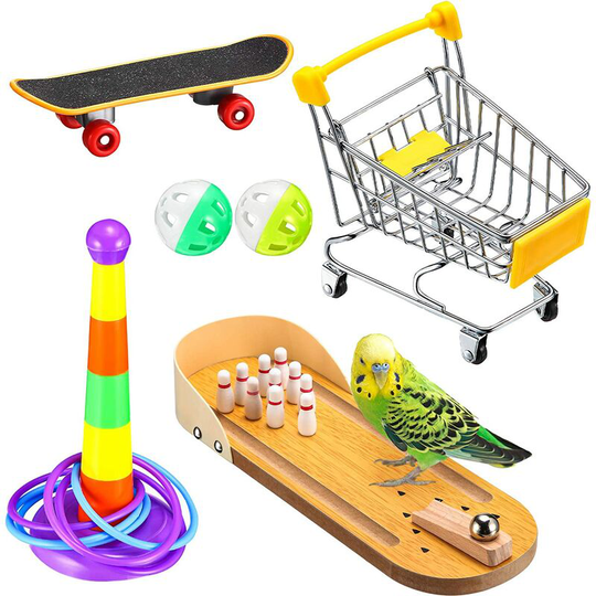 6 Pieces Bird Training Toy Set Include Wooden Mini Desktop Bowling Shopping Cart Skateboard Intelligence Training Rings Toy Bell Balls for Parrots