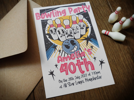 Printed Personalised Retro 1930's Cartoon Bowling Birthday Party Invite, Invitations