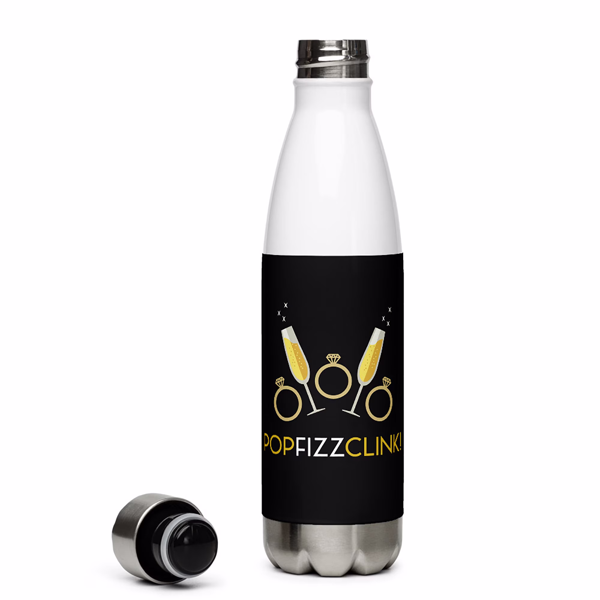 Wedding Water Bottle Stainless Steel. Pop Fizz Clink Bride, Bridesmaids, Guests. Champagne Flute, Gold Ring. Cheers