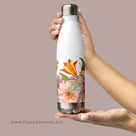 Stainless Steel Water Bottle With Seamless Autumn Botanical Florals | Zinnias, Pomegranate, Dahlias, Lily, Moth