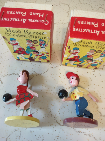 1950S Hand Painted & Carved Sports Figures Bobble Head - Bowling Girl Guy Figurines Iob
