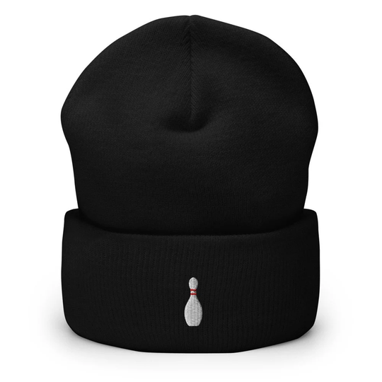 Bowling Pin Embroidered Beanie, Handmade Cuffed Knit Unisex Slouchy Adult Winter Hat Cap Gift