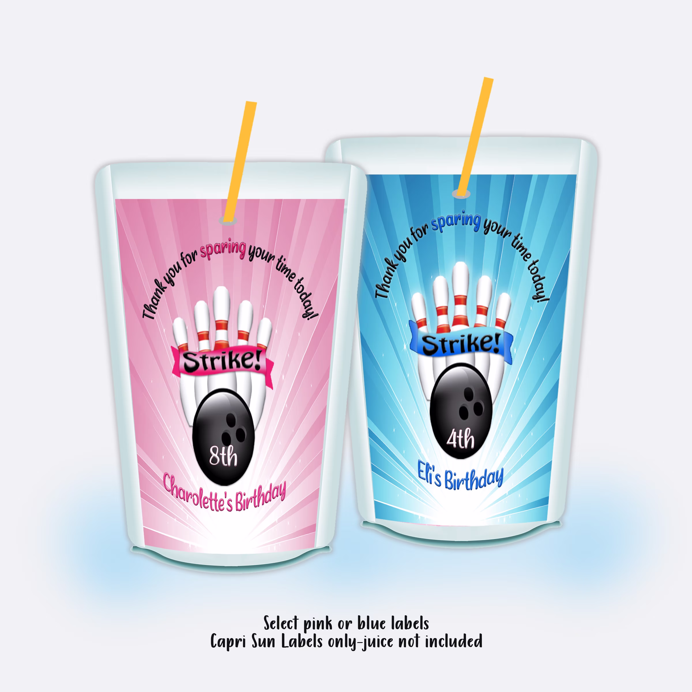 Bowling Birthday Party Favors, Pink Sports Capri Sun Labels