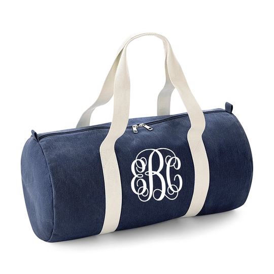 Personalised Denim Barrel Bag, Monogram Bag, Gift For Bride, Gift Bridesmaids, Personalised Duffel Bag, Gym Bag, Denim Holdall