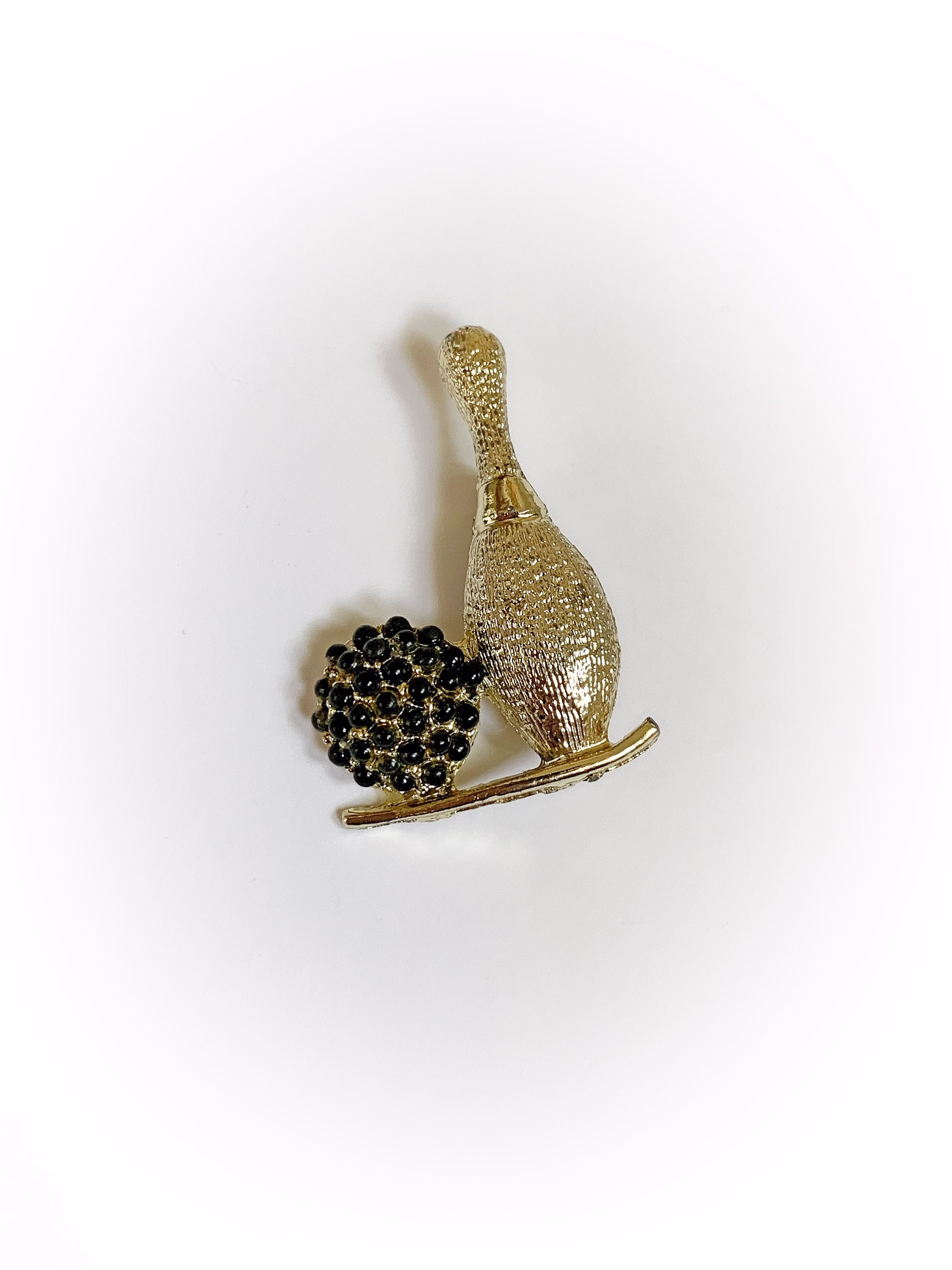 Vintage Bowling Pin & Ball Brooch Gold Tone Metal With Black Beads