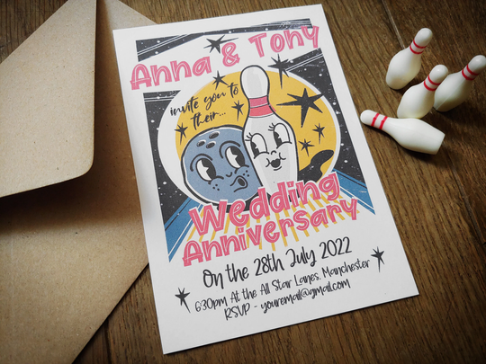 Printed Personalised Retro 1930's Cartoon Bowling Wedding Anniversary Party Invitations With Enverlopes