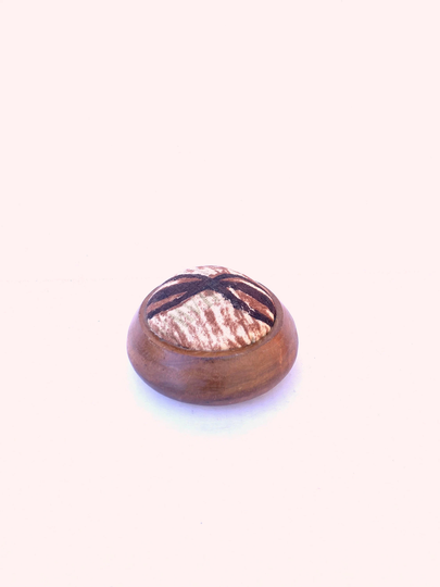 Mid Century Modern Monkey Pod Pin Cushion~Lanakila Crafts Hawaii~Hand Carved Wood Bowl with Bark Cloth Cushion~Sewing Notion~Gift
