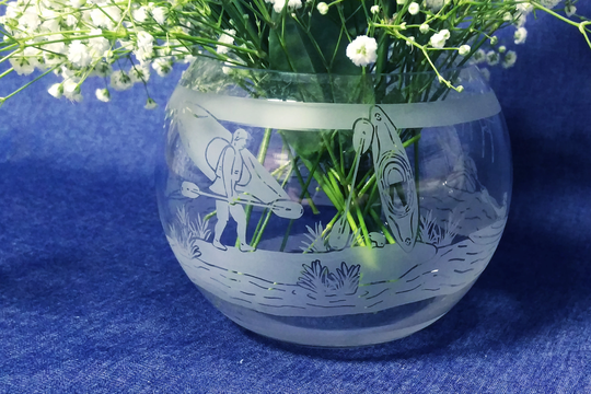 Kayaking Engraved Glass Fish Bowl/ Ball Vase, Featuring Kayakers in The Water Course & Ashore