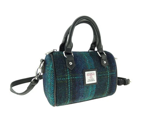 Harris Tweed Kilbride Mini Bowling Bag in Blue With Turquoise Overcheck , Made Scotland, Vintage, Tartan, Harris Tweed | Col 117