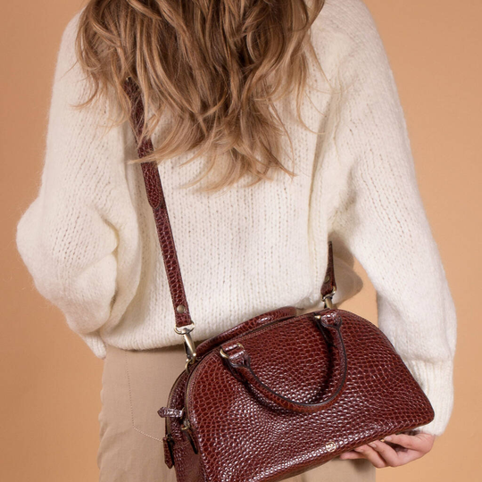 Mock Crocodile Leather Bowling Bag 'Liliana S Croco', Tan/Brown/Black
