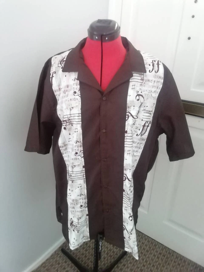 Dark Brown Men's Bowling Shirt With Musical Notes