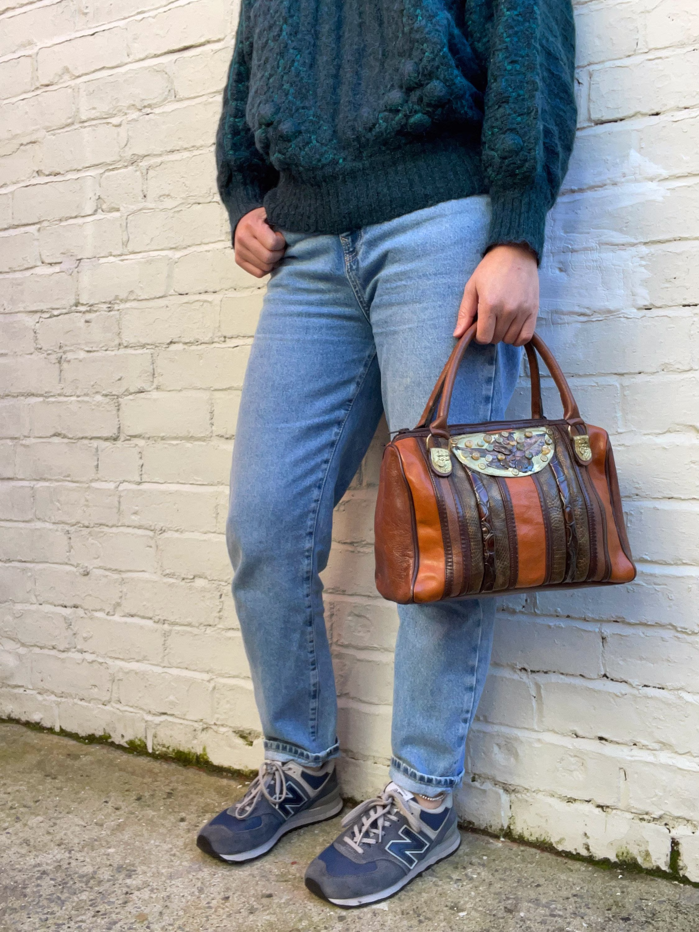 Small Textured Brown Leather Bowling Bag