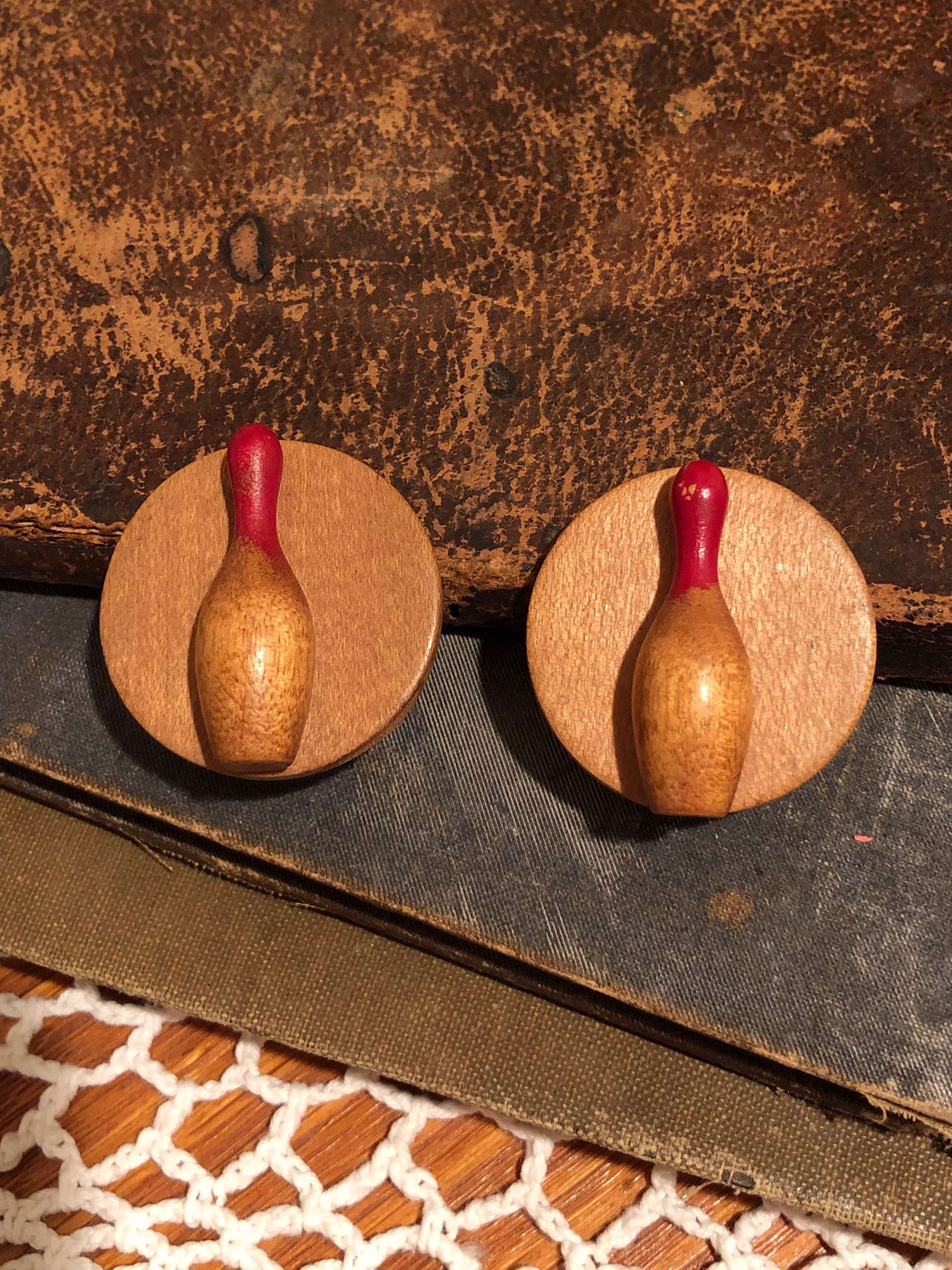 Wooden Bowling Pin Clip Earrings Kitsch