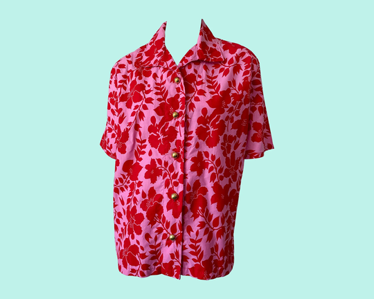 Pink & Red Bowling Shirt, Floral Print, Flower Gold Buttons, Button Down, Cotton, Short Sleeved, Oversized Style