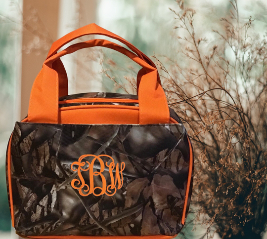 Personalized Camouflage Lunch Tote With Orange Trim