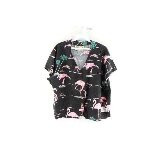 80S Rockabilly Womens 2xl All Over Flamingo Print Cropped Hawaiian Shirt Usa, 1980S Bowling Shirt, Button