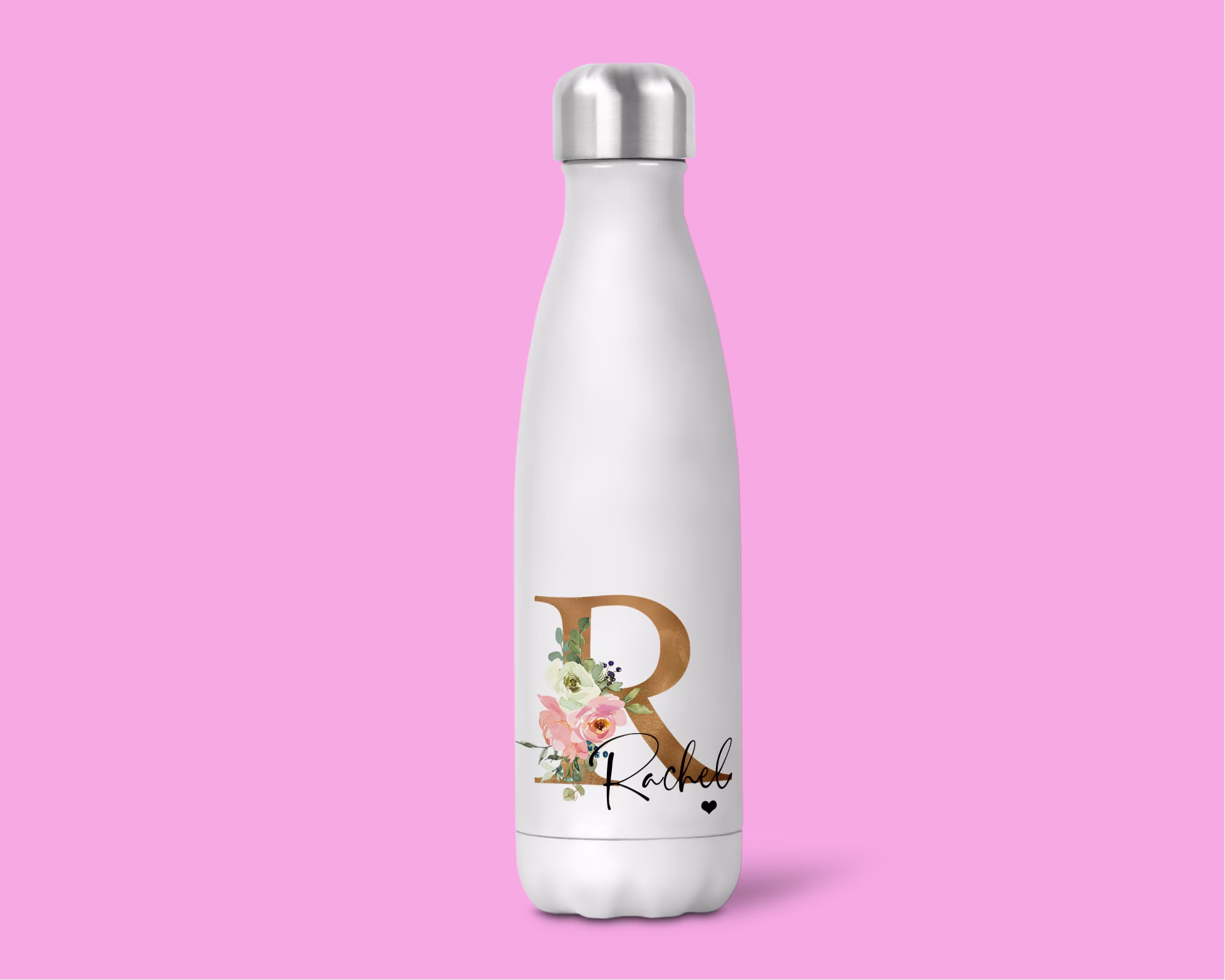 Personalised Any Name Initial Water Bottle 500Ml, Perfect Gift, Both Side Floral Alphabet & Print, Sport