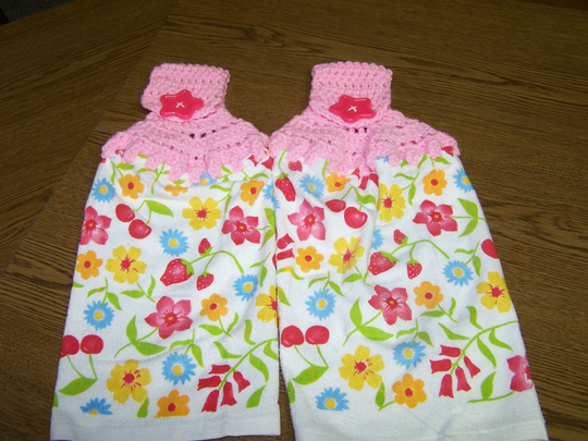 Crocheted Set Of 2 Pink Hanging Towels With Strawberrys, Cherries & Flowers - Unique Colorful Gift
